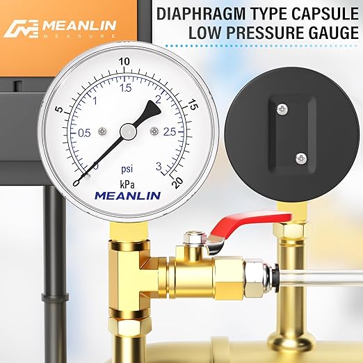 MEANLIN MEASURE 0-3Psi Diaphragm Type Capsule Low-Pressure Gauge, Water Column Gauge, 2.6" Dial, 1/4" NPT, Rear Adjustable Knob, with 1/2" NPT and 3/8" NPT Hex Bushing, Lower Mount