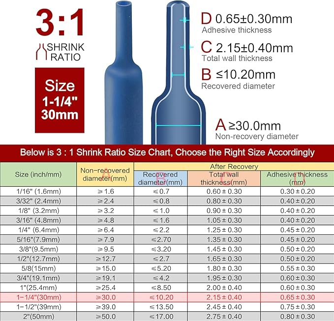 Chanzon 3:1 Ratio - 80ft Roll - Heat Shrink Tubing 1-1/4" (30mm) - Marine Grade Waterproof Adhesive Lined - (25M Total Length) Blue Polyolefin Sleeving Wrap Shrinking 3 to 1 Ratio 1pcs