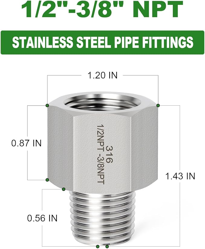 TAISHER 2PCS Forging of 316L Stainless Steel Pipe Fitting, Reducer Adapter, 3/8" NPT Male x 1/2" NPT Female, Reducing Pipe Adapter Fitting