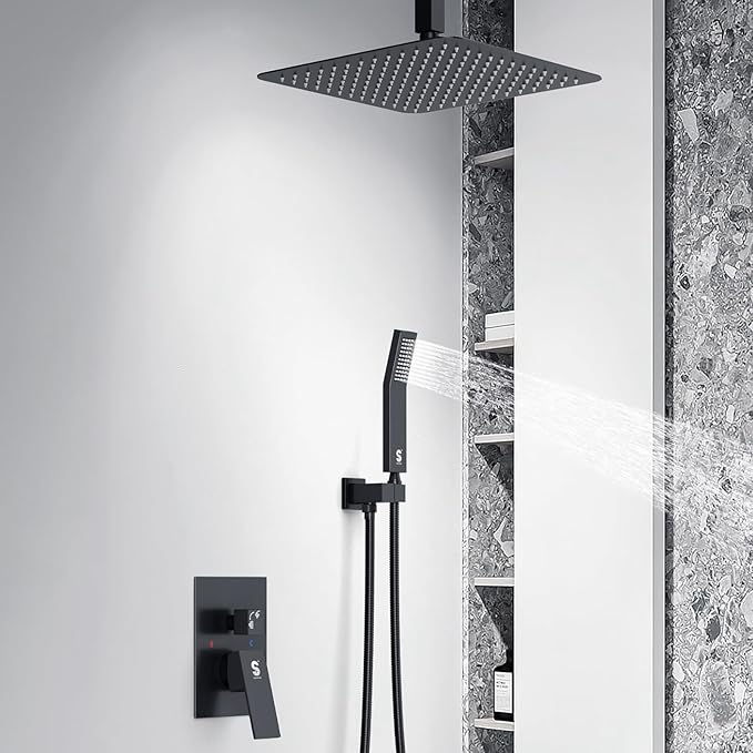 SR SUN RISE 12 Inch Ceiling Mount Matte Black Shower System Bathroom Luxury Rain Mixer Shower Faucet Set Ceiling Rainfall Shower Head System Faucet Trim Repair Kits Rough-in Valve and Trim Included