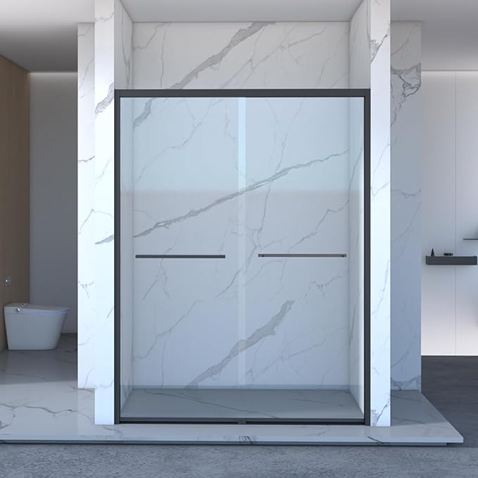 KEIKI Double Sliding Shower Door 56"-60" W x 70" H, 5/16 inch Tempered Glass Door for Walk-in Shower,Bypasss Bathroom Shower Enclosure, with Towel Bar & Mute Sliding Rollers,Matte Black Finished