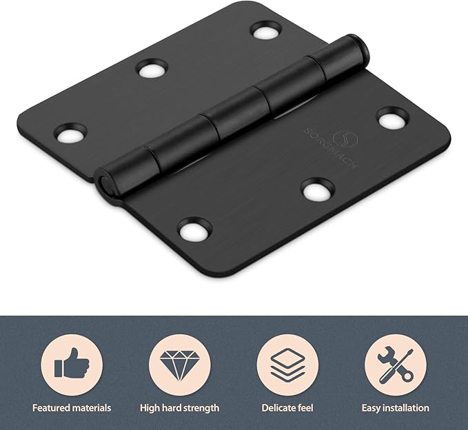Door Hinges 3 1/2 Inch Matte Black 3.5 Inch Interior Hinges 1/4" Radius Iron Hinge 3 ½"x 3 ½" Door Hardware - 18 Pack