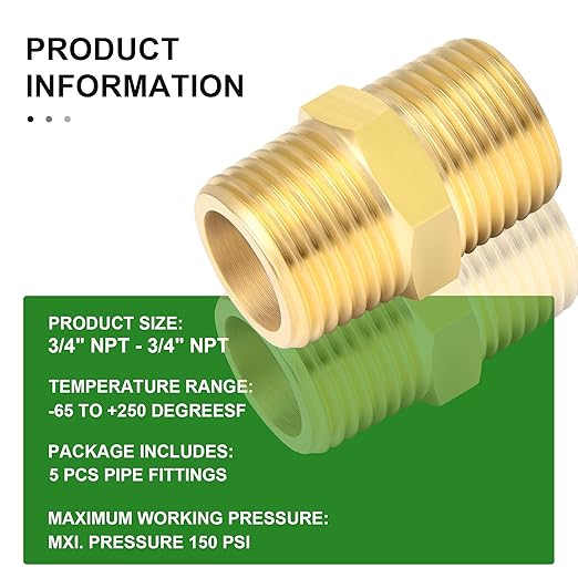 TAISHER 5PCS Brass Pipe Fitting Adapter, Hex Nipple, 3/4-Inch Male Pipe x 3/4-Inch Male Pipe