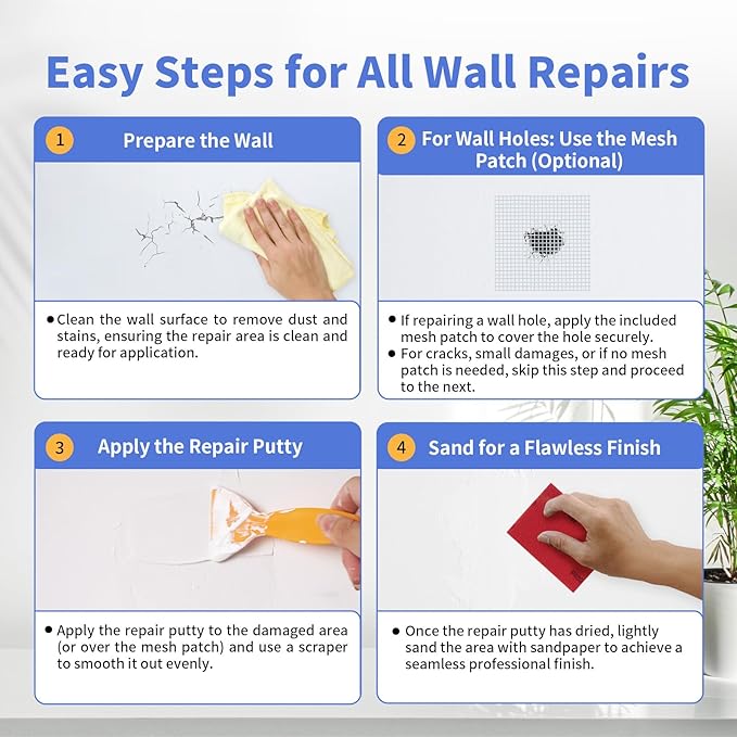 Drywall Repair Kit (18 oz) - Spackle Wall Repair Paste with Scraper & Self-Adhesive Mesh - Quick Dry, Waterproof Wall Mending Agent for Holes, Cracks, Nail Holes, Dents, Graffiti (White)