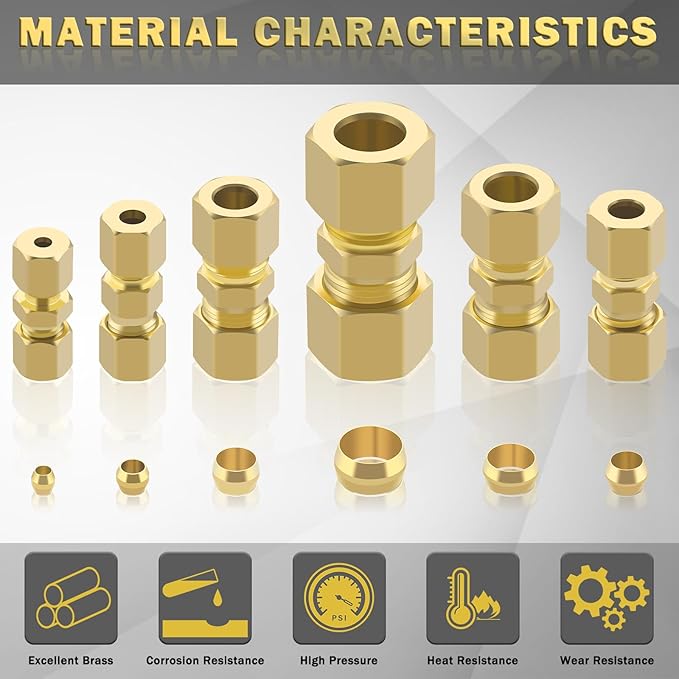46pcs Brass Compression Tube Pipe Fittings Assortment Kit,1/8" 3/16" 1/4" 5/16" 3/8" 1/2" OD Compression Union Connector & Compression Sleeves Ferrules