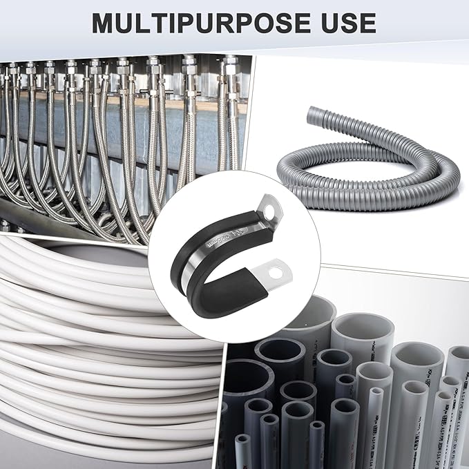 20-Pack Cable Clamps, 1-3/32 Inch/ 28 mm 304 Stainless Steel Rubber Cushioned Insulated Cable Clamp R Shape Metal Holder for Tube/Wire/Pipe/Loop Installation