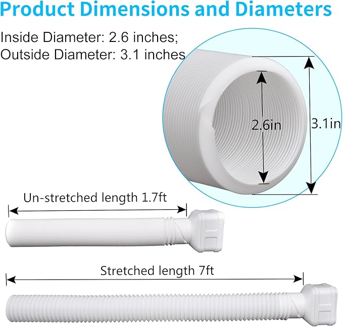 7ft Long Gutter Downspout Extensions, 3.1” OD Downspout Extender Drainage Pipe for 2"×3" Downspout and 3"×4"Downspout, Flexible Pipe Stretched Length 7ft, White,1-Pack