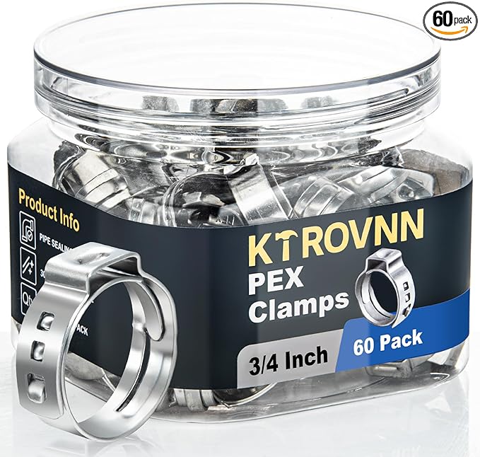 60 Pack 3/4 Inch PEX Cinch Clamps Rings, Heavy Duty 304 Stainless Steel Pex Crimp Rings, Thickened Single Ear Hose Clamps for PEX Tubing Pipe Fitting Connections