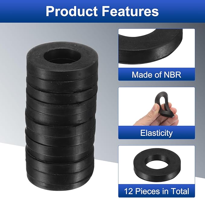 uxcell 12 Pcs Solid Nitrile Rubber Flat Washer DN20 1-11/32" OD x 3/4" ID x 1/4" Thickness Large Washers O Ring Sealing Gaskets, Industrial Flat Rubber Spacer, Black