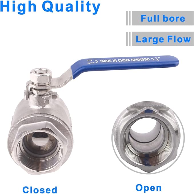 DERNORD Full Port Ball Valve Stainless Steel 304 Heavy Duty for Water, Oil, and Gas with Blue Locking Handles (1-1/4" NPT)