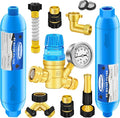 Water Pressure Regulator Filter Kit, with 2 Inline Water Filters (NSF Certified), Hose Splitter, Brass Elbow, Sprayer, Flexible Connector, Hose Quick Connects, RV Fresh Water Kit, Great for RV Camper