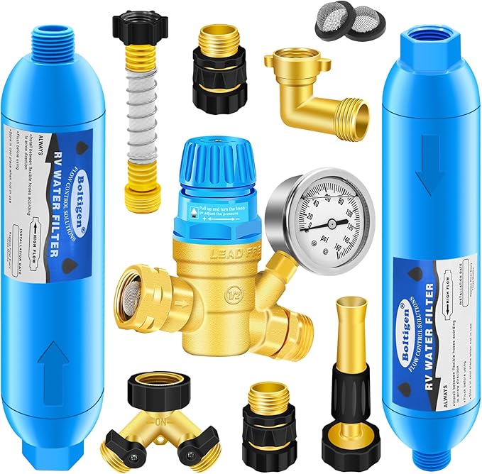Water Pressure Regulator Filter Kit, with 2 Inline Water Filters (NSF Certified), Hose Splitter, Brass Elbow, Sprayer, Flexible Connector, Hose Quick Connects, RV Fresh Water Kit, Great for RV Camper