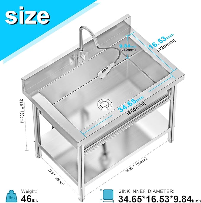 Stainless Steel Utility Sink Single Bowl Freestanding Laundry Sink with Pull-Out Faucet,for Pet Cleaning Laundry Room Farmhouse Indoor and Outdoor Sink