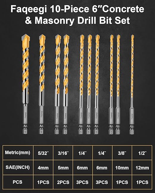 10PCS 6-Inch Masonry Drill Bit Set, YG10X Carbide Concrete Drill Bits, Shockproof Hex Shank for Tile/Brick/Cement/Glass, 5/32"-1/2", Heavy-Duty
