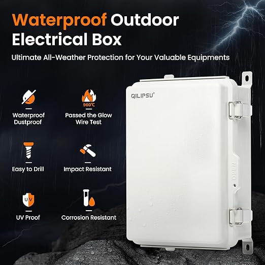 QILIPSU UL94-V0 Outdoor Electrical Box 13.8"x9.9"x5.9" Waterproof Junction Box Weatherproof PC/ABS Alloy Plastic IP66 Project Electric Enclosure Grey Hinged Door