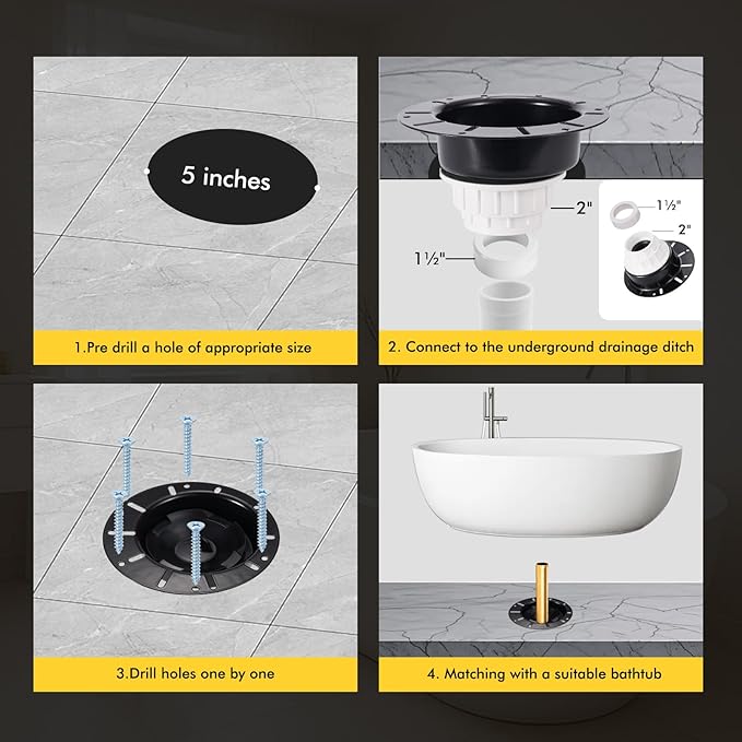 Freestanding Tub Drain Rough-in Kit, Bathtub Drain Kit with PVC Plastic Adapter and Brass Tail Pipes, Compatible for Freestanding Bathtub, Floor Mounted, Copper Bathtub, Black