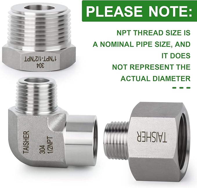 TAISHER 3PCS 304 Stainless Steel 90 Degree Barstock Street Elbow 1/2" MNPT × 1/2" FNPT, Hex Bushing 1" MNPT × 1/2" FNPT，Reducer Adapter 1" FNPT × 1/2" MNPT.(1" MNPT × 1" FNPT)