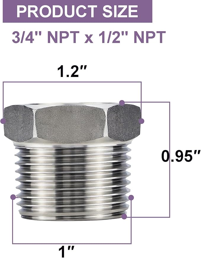 Jingzan 4 Pack 304 Stainless Steel Reducer Hex Bushing 3/4" Male NPT × 1/2" Female NPT Pipe Fitting Adapter with Seal Tape