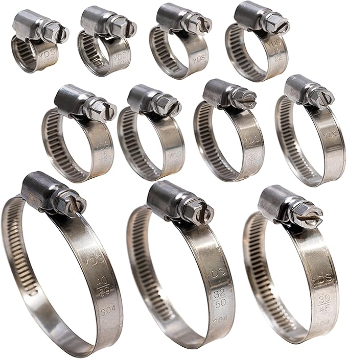 11-Piece Embossed Worm Gear Hose Clamps Assortment Kit, Adjustable 5/16"-2-3/8" (8-60mm), 304 Stainless Steel, 11 Sizes Set for Plumbing, Automotive, and Mechanical