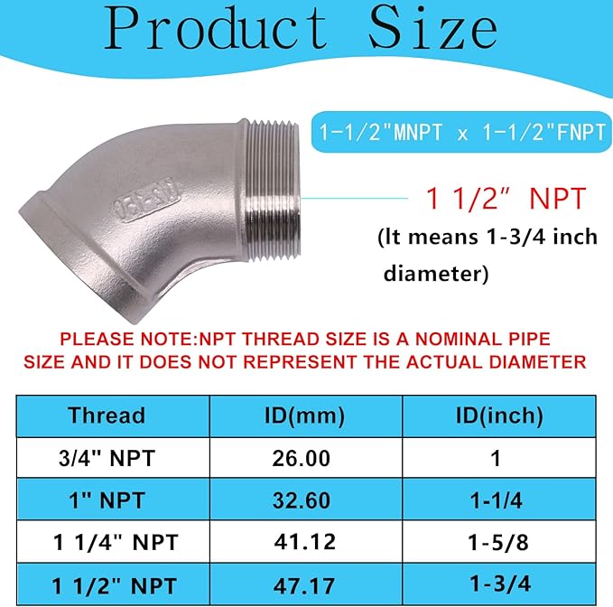 1PCS 304 Stainless Steel 45 Degree Elbow, 1-1/2" NPT Male Pipe to 1-1/2" NPT Female Coupler, Heavy Duty Forged Street Elbow Adapter Pipe Fittings, Class 150