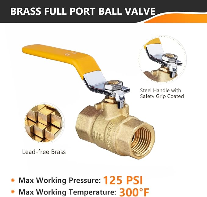 50-Pack HeSun 1/2 Inch FIP Threaded Ball Valve, Brass Full Port Shut-off Valve,1/2" Female NPT x 1/2" Female NPT, 600 WOG (Water, Oil and Gas),Yellow(VALVE226-50)