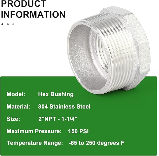 TAISHER 2PCS 304 Stainless Steel Reducer Hex Bushing, 2" NPT Male x 1-1/4" NPT Female, Reducing Pipe Adapter Fitting