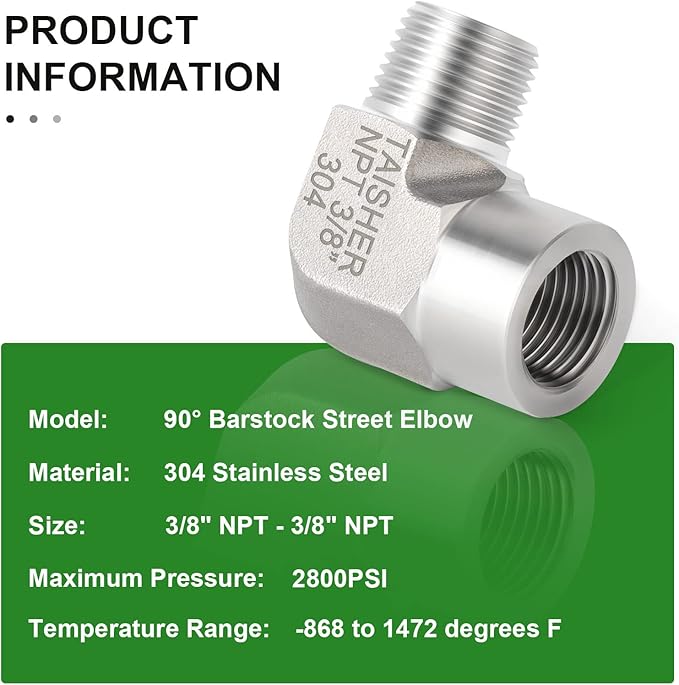 TAISHER 2PCS 304 Stainless Steel 90 Degree Barstock Street Elbow, 3/8 Inch NPT Male Pipe to 3/8 Inch NPT Female 304 Stainless Pipe Fitting