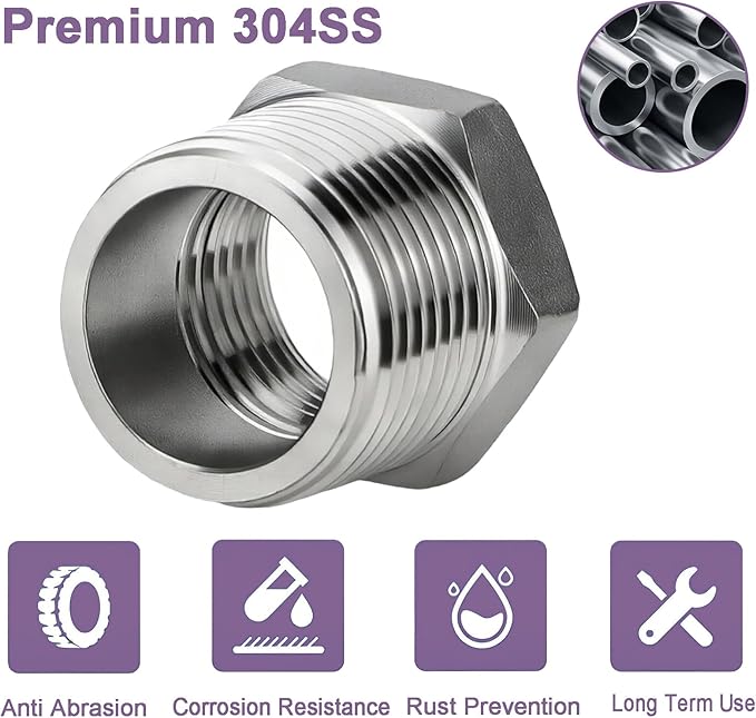 Jingzan 4 Pack 304 Stainless Steel Reducer Hex Bushing 3/4" Male NPT × 1/2" Female NPT Pipe Fitting Adapter with Seal Tape
