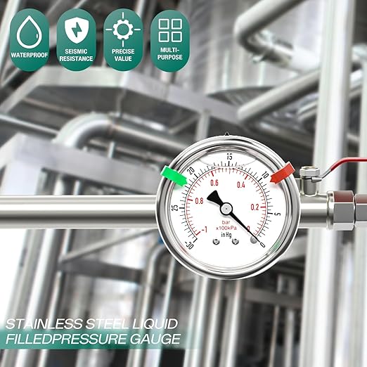 -30inHG-0PSI Stainless Steel Liquid Filled Pressure Gauge, 2.5" Dial Size, 1/8" NPT Back Mount, for Tube, Water Pump, Gas, Liquid, Pressure Test (with Range Mark Pointer)