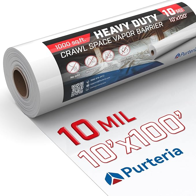 Crawl Space Vapor Barrier, 10 Mil 10' x 100', White Vapor Barrier, Thick Plastic Sheeting, Heavy Duty Polyethylene Film, Drop Cloth Covering for Crawlspace, Basement