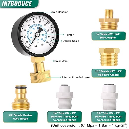 0-100PSI Water Pressure Gauge Kit, 2.5" Dial Size, 3/4" Brass Female Lower Mount, with Sealing Ring, Plus 5 adapters, for Checking Gardens, Water Pipes, Multiple Systems