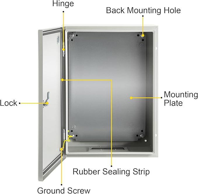 VEVOR Electrical Enclosure Box, 16'' ×12'' ×6'', Carbon Steel Hinged Junction Box, IP66 Waterproof & Dustproof, Outdoor Electrical Box, with Mounting Plate