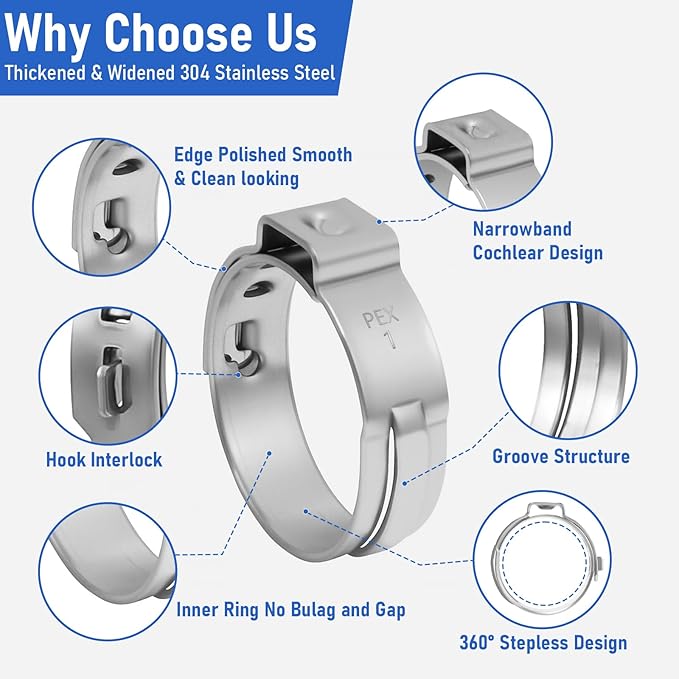 Kodilin 140-Pack 1 Pex Crimp Rings, Heavy-Duty 304 Stainless Steel Single Ear Pex Clamps Wider & Thicker Pex Cinch Clamps for Superior Grip & 360° Seal, Fits PEX Tubing Pipe Fitting Connections