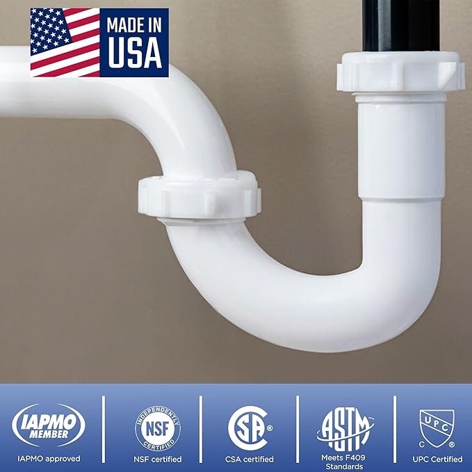 1-1/2 Inch P-Trap Kit, Polypropylene Tubular with PVC Marvel Adapter, Ribbed Threaded Nuts for Strong Leak-Free Connection, Includes J-Bend, Wall Arm & Washers, Made in USA