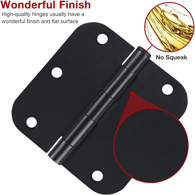 18 Pack Matte Black Interior Door Hinges Round 3.5" x 3.5 Inch 5/8" Radius Heavy-Duty Mat Hinge for Doors