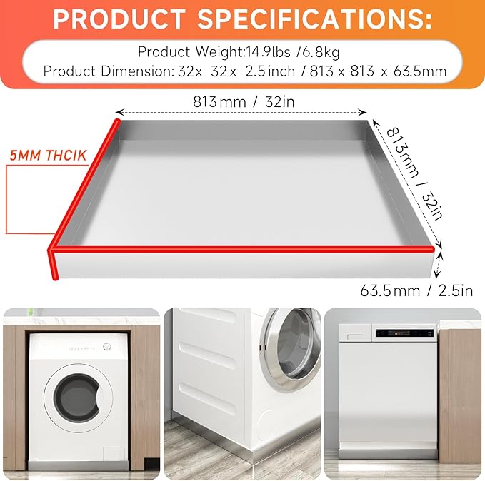 Washing Machine Pan-32" x 32" x 2.5" Heavy Duty 304 Stainless Steel Washing Machine Tray, Washer Pan, Washing Drain Pan, Protecting The Floor, Wood Deck, No Hole