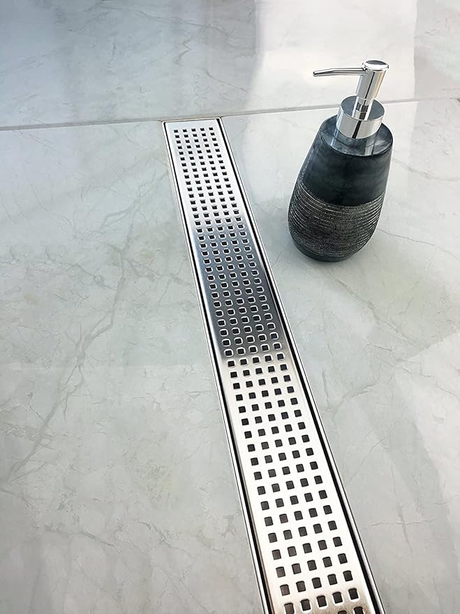 Neodrain 40-Inch Linear Shower Drain with Removable Quadrato Pattern Grate,Brushed 304 Stainless Steel Rectangle Shower Floor Drain, Linear Drain with Leveling Feet,Hair Strainer