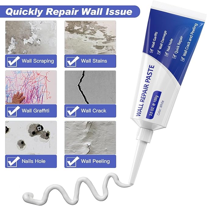 SEISSO Drywall Repair Kit, Wall Mending Agent*3(100g), Wall Patch*4, Scraper and Sandpaper*2, Wall Repair Paste Kit for Wall Cracks, Graffiti, Whitewall Hole Filler and Plaster Dent Repair