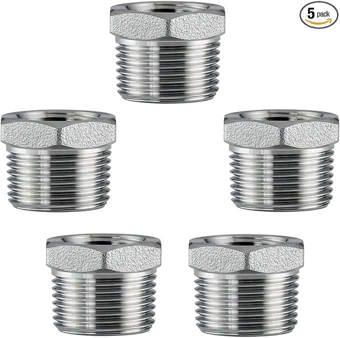 Stainless Steel 3/8" Male NPT to 1/8" Female NPT Reducer Hex Bushing Pipe Fitting Adapter (pack of 5)