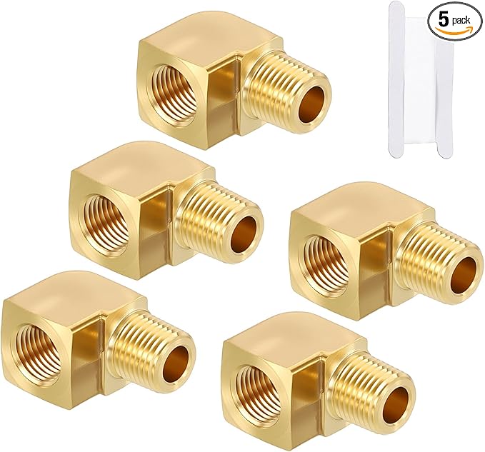 Packs of 5, 90 Degree 1/8" FeMale NPT to 1/8" Male NPT Solid Brass Barstock Street Elbow, Forged Pipe Fitting for Pipe Leak Repair, Bathroom Remodeling, Tool Extension, Compression