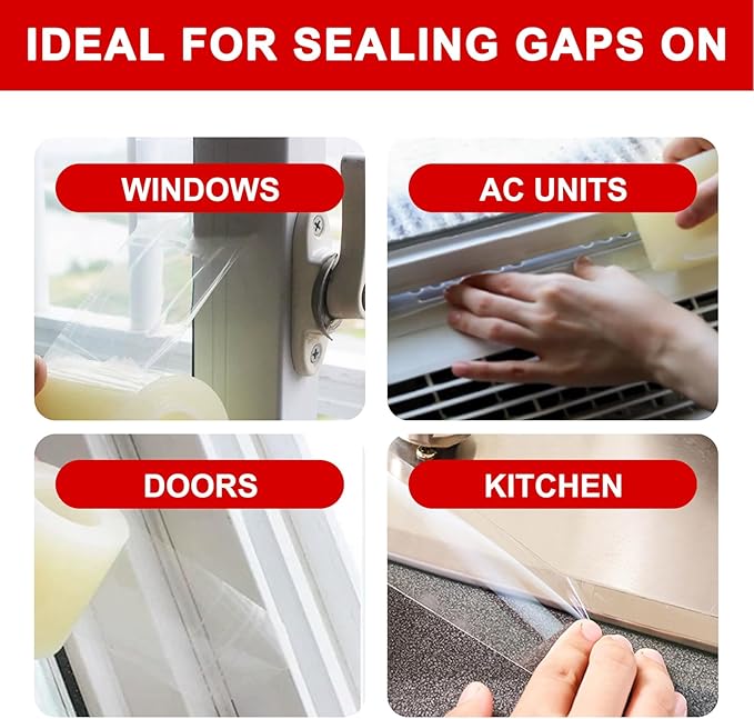 Transparent Window Seal Weather Sealing Tape 2 Inch x 35 Yards Weather Stripping Residue Free Clear Window Insulation Tape for Shower Glass Gaps and Doors Windproof Tape