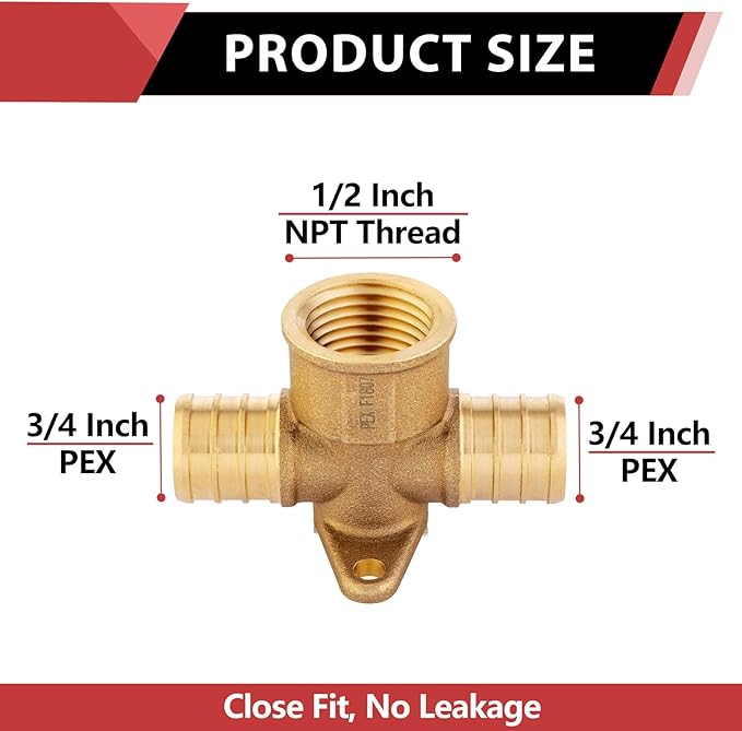 5-Pack EFIELD Barb Crimp Pex 3/4" x 3/4" x 1/2" Female NPT Threaded Drop-ear Tee Brass Fitting, ASTM F1807,(PEX1807262)