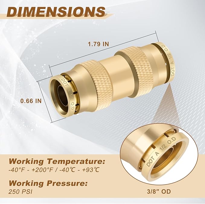1/2" Quick Push to Connect Fittings Brass Union Straight Joint DOT Approved 1/2 inch tube OD Air Line Adapter Air Spring Suspension Kit for Car Truck Trailers and Air Brake System 10pcs
