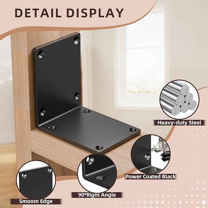 4 Pcs 8" X 8" X 6" Heavy Duty Steel L Angle Bracket for Wood, Large 90 Degree Corner Shelf Support Bracket, 8x8 Post to Beam Connector, Thickness 1/4"(6mm), Max Load 300+lbs-