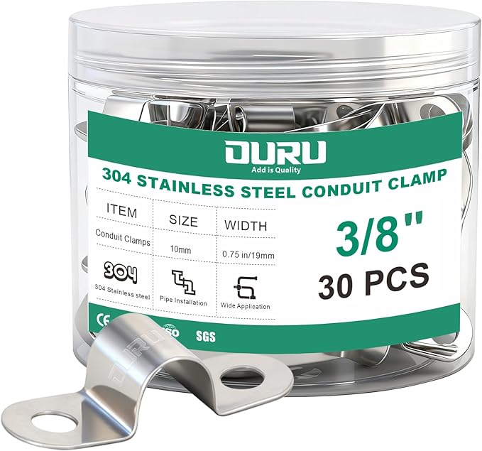 30pcs 3/8 Inch Conduit Clamp 304 Stainless Steel, Rigid Metal Pipe Clamp U Bracket, 2 Holes Pipe Strap for Automotive, Wire & Tube