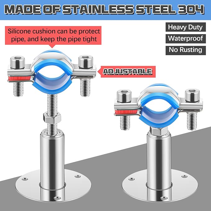 8 Pcs 304 Stainless Steel Wall Mount Ceiling Mount Pipe Supports Bracket, Suitable for OD 1"(32-34mm), Adjustable Height 50-100mm, Pipe Strap Clamp with Screws Screwdriver