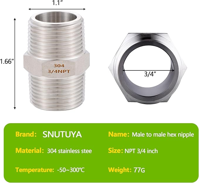 2PCS Hex Nipple 3/4" x 3/4" Male Pipe Fittings, 304 Stainless Steel 3/4 inch NPT Threaded Pipe Adapter Fittings, Male Straight Connector Pipe Fitting