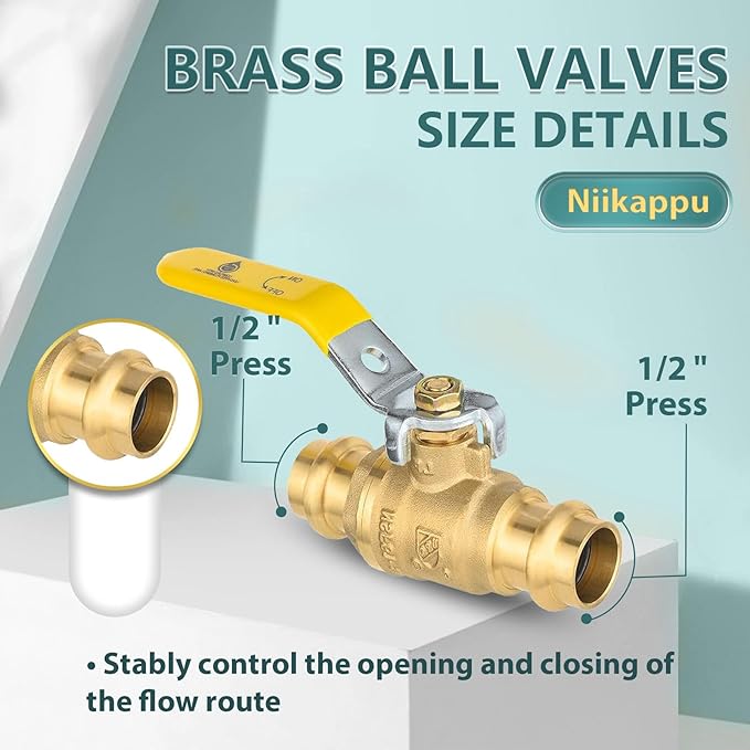 1/2" Press Ball Valve, 50 Pack Shut Off Valves with EPDM O-ring, Quarter Turn Brass Full Port Shut Off Ball Valve for Hot and Cold Water, NSF/ANSI 61 Certified