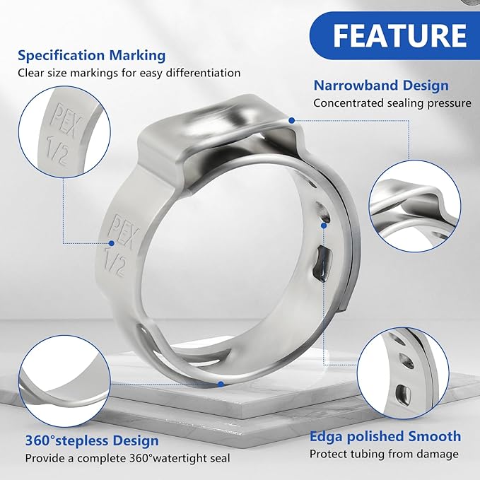 1/2 inch Pex Clamps 60pcs Pex Crimp Rings Single Ear Hose Clamps Stainless Steel Pex Fittings Cinch Clamp Ring for PEX Pipe Tubing