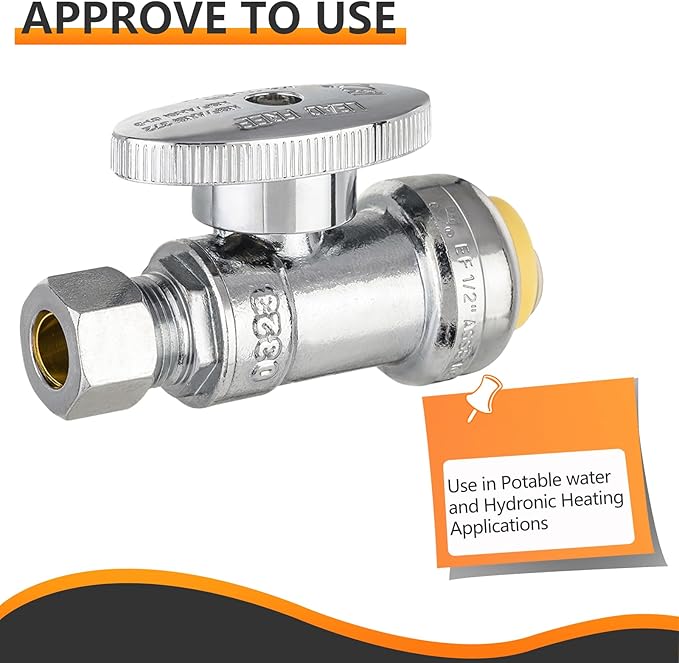 HeSun 100-PCs Push-Fit Straight Stop Valve, 1/2" Push x 1/4" OD Compression Straight Stop, 1/4 Turn Water Shut Off Valve for Bathroom with Disconnect Clip Tool